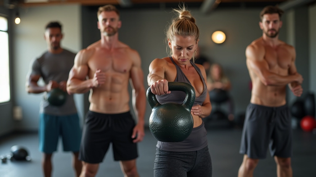 Diverse group of mature adults performing functional training movements in a bright, modern fitness facility