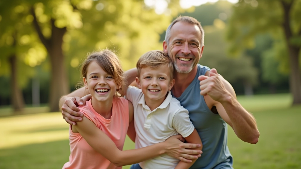 Family group including adults aged 50-60 and children playing actively together outdoors in a park setting