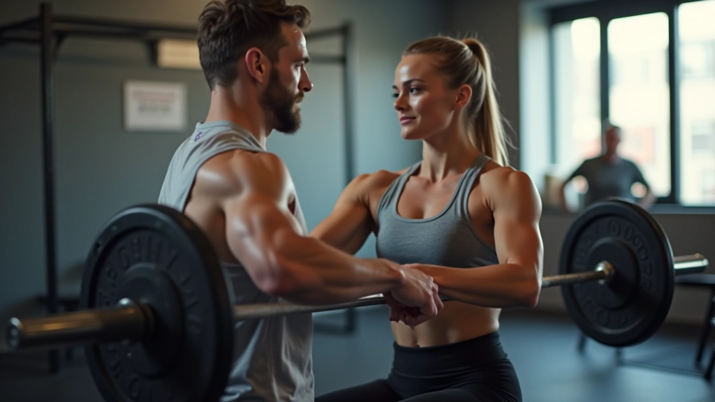 Coach working one-on-one with mature athlete on proper barbell position in a professional CrossFit training facility
