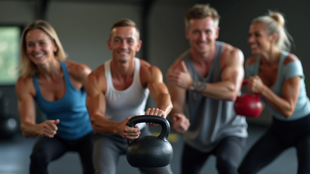 Multiple people of different ages and fitness levels training with kettlebells in a group fitness class