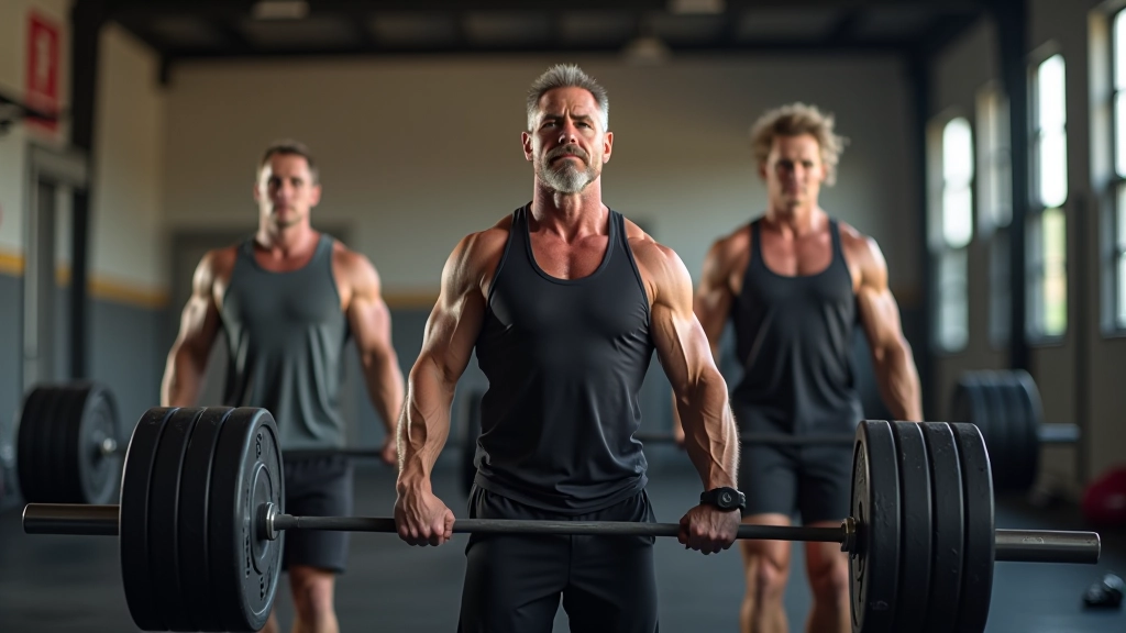 Group of adults aged 45-60 performing barbell deadlifts with proper form in a CrossFit gym setting