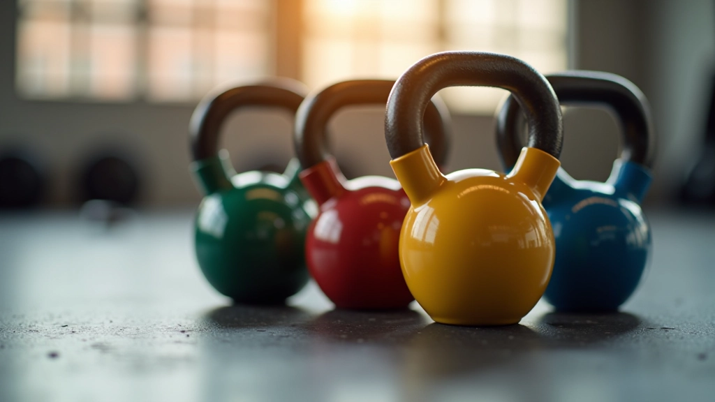 Multiple kettlebells arranged on a gym floor showing different weights and colors