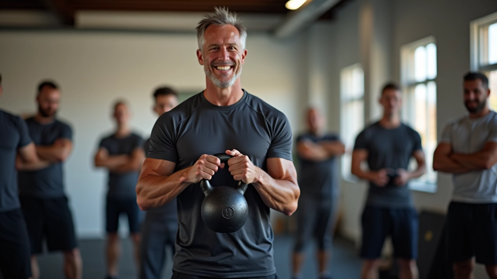 Experienced coach demonstrating proper kettlebell form to a group of mature adults in a functional training setting