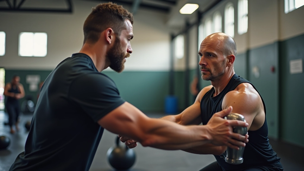 Trainer observing a client's form during a goblet squat exercise with focus on body alignment
