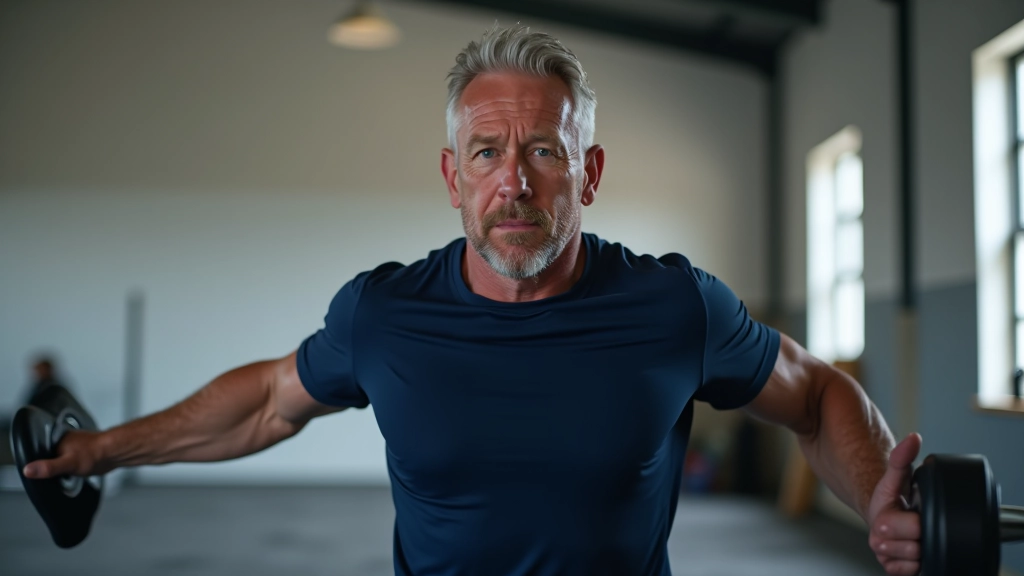 Man aged 52 performing functional movement pattern exercise in a gym