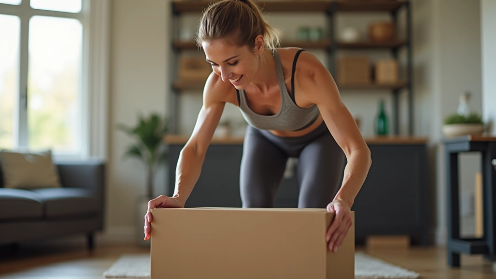 Woman in her 50s lifting a box off the ground using proper hip hinge mechanics in a home setting